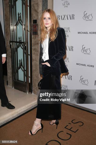 Ellie Bamber seen attending the Harper's Bazaar Women of the Year Awards at The Ballroom of Claridge's on October 30, 2018 in London, Englan