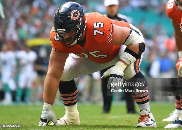 Kyle Long of the Chicago Bears in action against the Miami Dolphins at Hard Rock Stadium on October 14, 2018 in Miami, Florida.