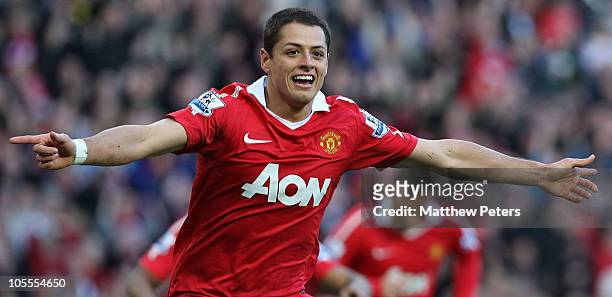 Javier "Chicharito" Hernandez of Manchester United celebrates scoring their first goal during the Barclays Premier League match between Manchester...