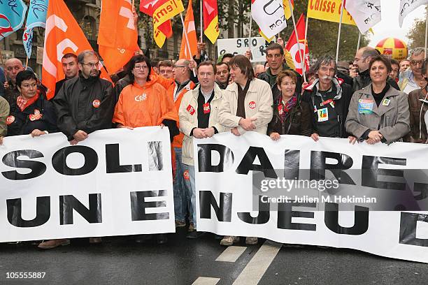 Francois Chereque and Bernard Thibault join the strike as protestors gather during a National Union-Led demonstration against retirement reform on...