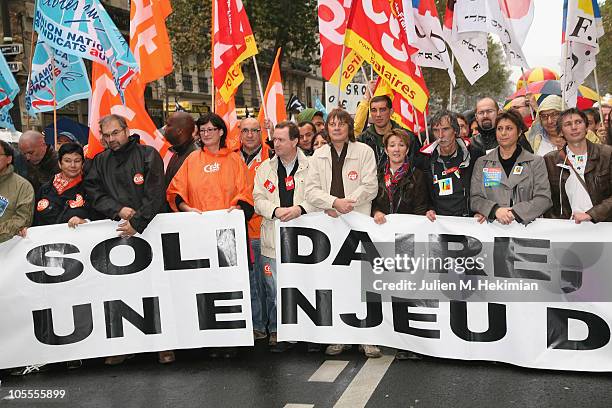 Francois Chereque and Bernard Thibault join the strike as protestors gather during a National Union-Led demonstration against retirement reform on...