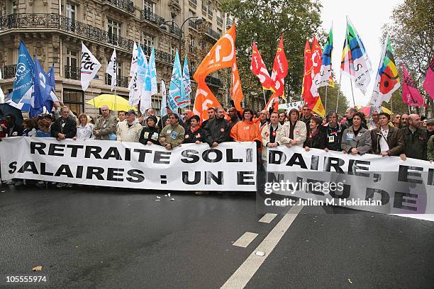 Francois Chereque and Bernard Thibault join the strike as protestors gather during a National Union-Led demonstration against retirement reform on...