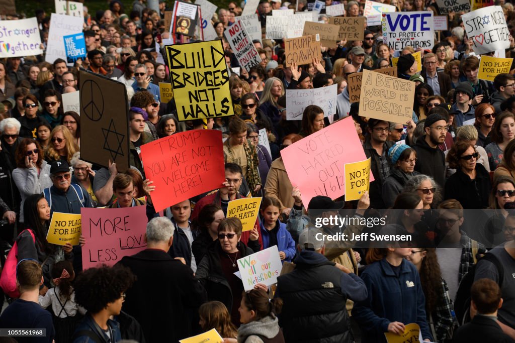 Protestors Rally In Pittsburgh Against Trump's Visit Days After Mass Shooting