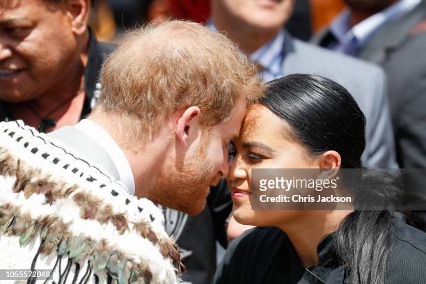 Prince Harry, Duke of Sussex greeting locals in a traditional 'hongi' at the formal pØwhiri and luncheon held at Te Papaiouru Marae on October 31,...