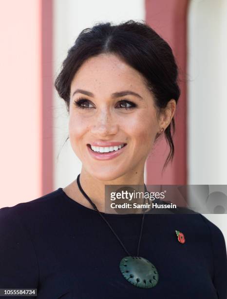 Meghan, Duchess of Sussex visits Te Papaiouru Marae for a formal powhiri and luncheon on October 31, 2018 in Rotorua, New Zealand. The Duke and...