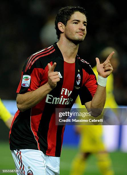 Alexandre Pato of AC Milan celebrates scoring his team's second goalthe during the Serie A match between AC Milan and AC Chievo Verona at Stadio...