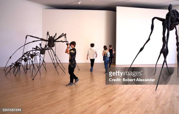 Museum visitors admire the 'Louise Bourgeois Spiders' exhibition at the San Francisco Museum of Modern Art in San Francisco, Caifornia. The...