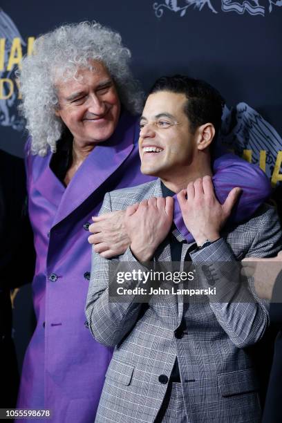 Brian May and Rami Malek attend "Bohemian Rhapsody" New York premiere at The Paris Theatre on October 30, 2018 in New York City.