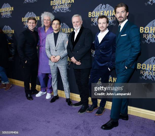 Allen Leech, Brian May, Rami Malek, Roger Taylor, Joe Mazzello and Gwilym Lee attend "Bohemian Rhapsody" New York premiere at The Paris Theatre on...