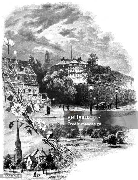 view of the city streets, a large garden and an english church - 1888 - english garden stock illustrations