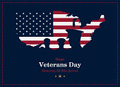 Happy Veterans Day. Greeting card with USA flag, map and soldier on background. National American holiday event. Flat vector illustration EPS10