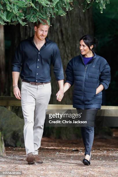 Prince Harry, Duke of Sussex and Meghan, Duchess of Sussex visiting Rotorua's Redwoods Treewalk on October 31, 2018 in Rotorua, New Zealand. The Duke...
