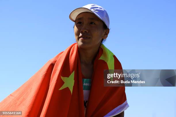 Ricuo Xi of China wins gold medal in Women's 5000m Race Walk during day 10 of Buenos Aires 2018 Youth Olympic Games at Youth Olympic Park Villa...