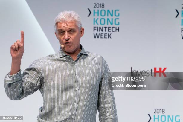 Oleg Tinkoff, chairman of Tinkoff Bank Jsc., speaks at a conference during the Hong Kong Fintech Week event in Hong Kong, China, on Wednesday, Oct....