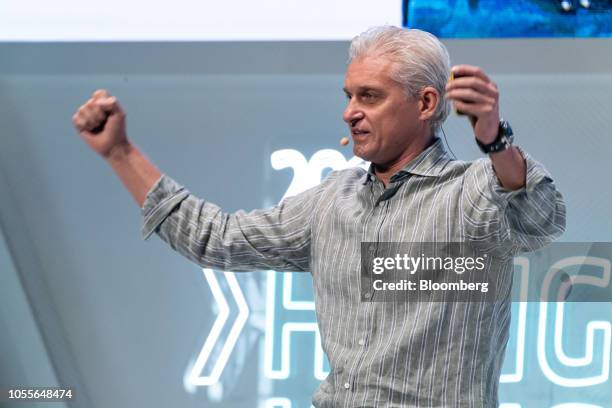 Oleg Tinkoff, chairman of Tinkoff Bank Jsc., gestures as he speaks at a conference during the Hong Kong Fintech Week event in Hong Kong, China, on...