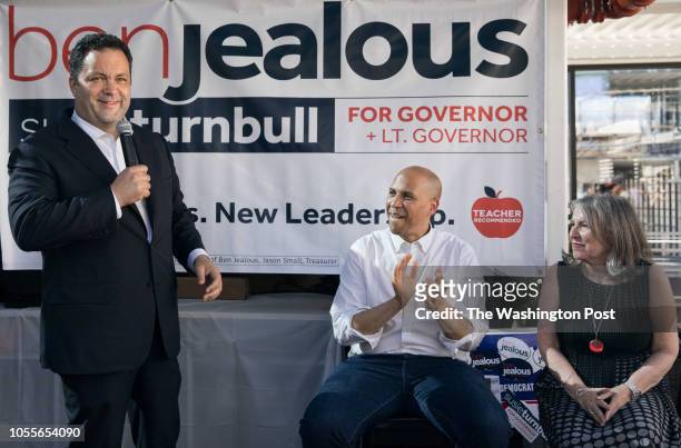 Silver Spring, Md. Candidate for Maryland Governor Ben Jealous, left, is joined by Sen. Cory Booker and candidate for Lt. Governor Susan Turnbull,...