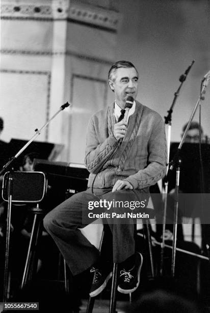 American television personality Fred Rogers , of the television show Mister Rogers' Neighborhood, at the Chicago Public Library in Chicago, Illinois,...