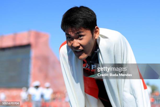 Haruto Deguchi of Japan wins the gold medal in Men's 400m Hurdles Stage 2 Heat 1 during day 10 of Buenos Aires 2018 Youth Olympic Games at Youth...