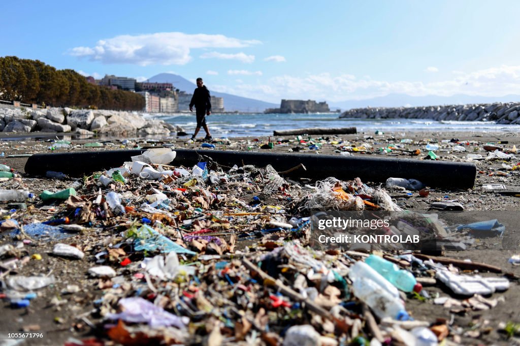 A beach in Naples covered with plastic waste and debris...