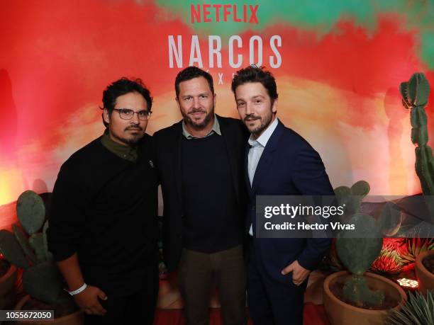 Michael Pena, Eric Newman and Diego Luna pose during Netflix Narcos Cocktail Party at Four Seasons Hotel on October 30, 2018 in Mexico City, Mexico.