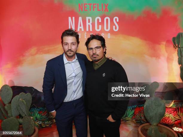 Diego Luna and Michael Pena pose during Netflix Narcos Cocktail Party at Four Seasons Hotel on October 30, 2018 in Mexico City, Mexico.