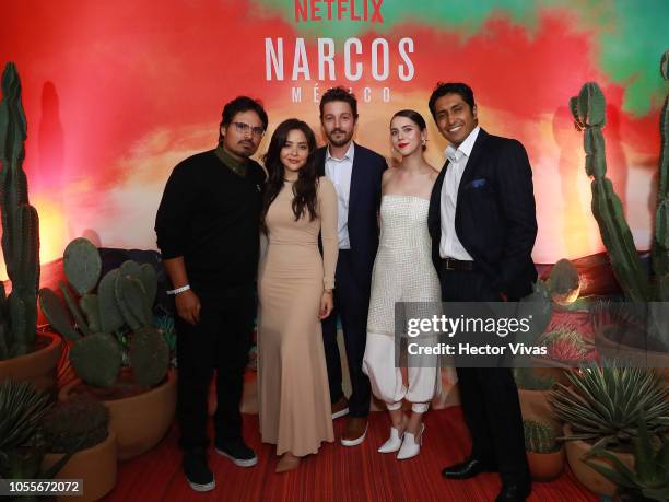 Michael Pena, Teresa Ruiz, Diego Luna, Tessa Ia and Tenoch Huerta pose during Netflix Narcos Cocktail Party at Four Seasons Hotel on October 30, 2018...