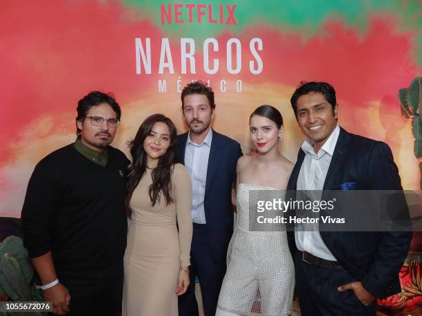 Michael Pena, Teresa Ruiz, Diego Luna, Tessa Ia and Tenoch Huerta pose during Netflix Narcos Cocktail Party at Four Seasons Hotel on October 30, 2018...