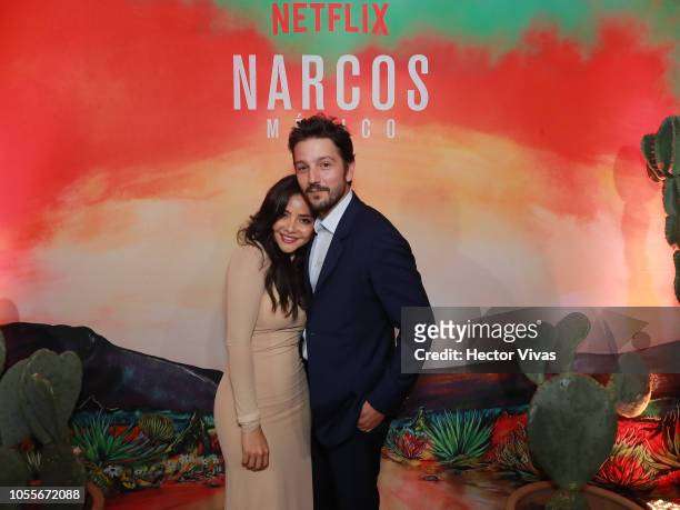 Teresa Ruiz and Diego Luna pose during Netflix Narcos Cocktail Party at Four Seasons Hotel on October 30, 2018 in Mexico City, Mexico.
