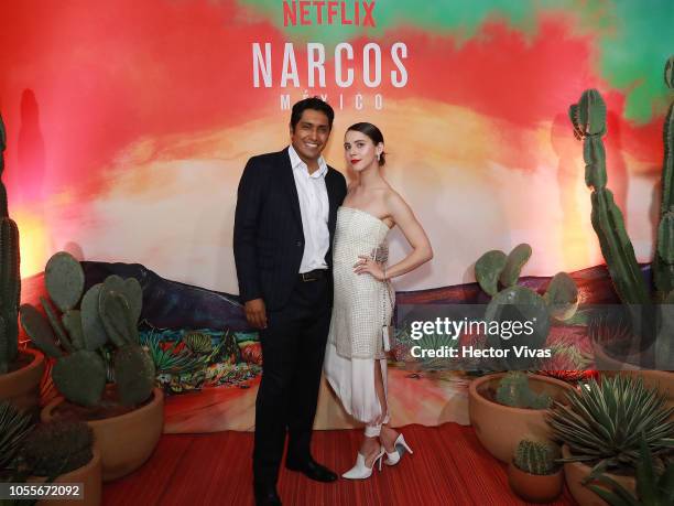 Tessa Ia and Tenoch Huerta pose during Netflix Narcos Cocktail Party at Four Seasons Hotel on October 30, 2018 in Mexico City, Mexico.