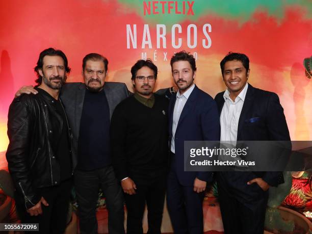 Jose Maria Yazpik, Joaquin Cosio, Michael Pena, Diego Luna and Tenoch Huerta pose during Netflix Narcos Cocktail Party at Four Seasons Hotel on...