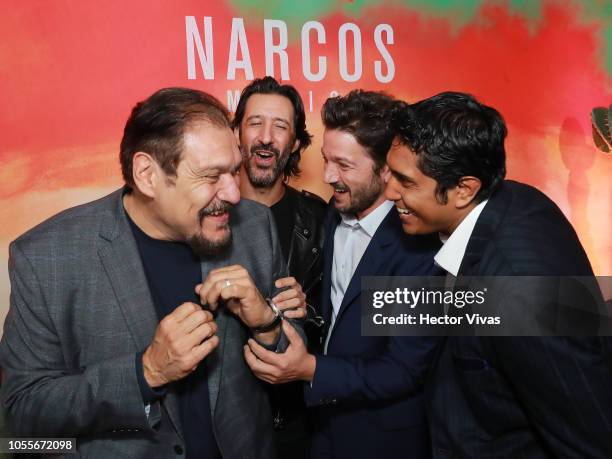 Jose Maria Yazpik, Joaquin Cosio, Michael Pena, Diego Luna and Tenoch Huerta pose during Netflix Narcos Cocktail Party at Four Seasons Hotel on...