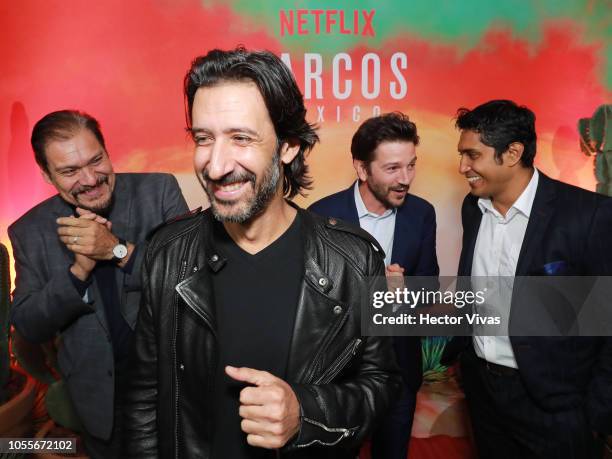 Jose Maria Yazpik, Joaquin Cosio, Michael Pena, Diego Luna and Tenoch Huerta pose during Netflix Narcos Cocktail Party at Four Seasons Hotel on...