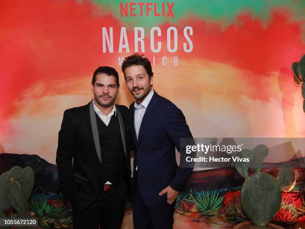 Marco de la O and Diego Luna pose during Netflix Narcos Cocktail Party at Four Seasons Hotel on October 30, 2018 in Mexico City, Mexico.
