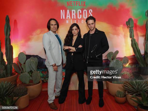 Horacio Garcia Rojas, Fatima Molina and Christopher von Uckermann pose during Netflix Narcos Cocktail Party at Four Seasons Hotel on October 30, 2018...