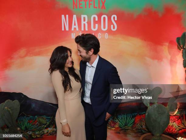 Teresa Ruiz and Diego Luna pose during Netflix Narcos Cocktail Party at Four Seasons Hotel on October 30, 2018 in Mexico City, Mexico.