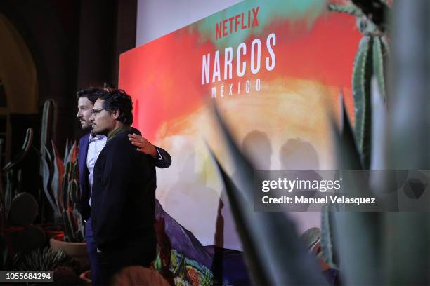 Diego Luna and Michael Pena pose during Netflix Narcos Cocktail Party at Four Seasons Hotel on October 30, 2018 in Mexico City, Mexico.