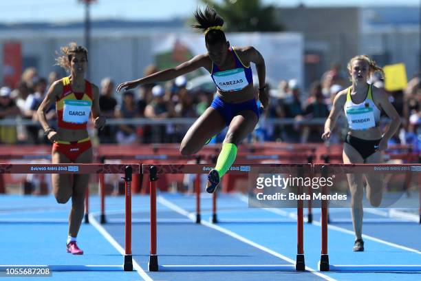 Valeria Cabezas Caracas of Colombia wins gold medal in Women's 400m Hurdles during day 10 of Buenos Aires 2018 Youth Olympic Games at Youth Olympic...