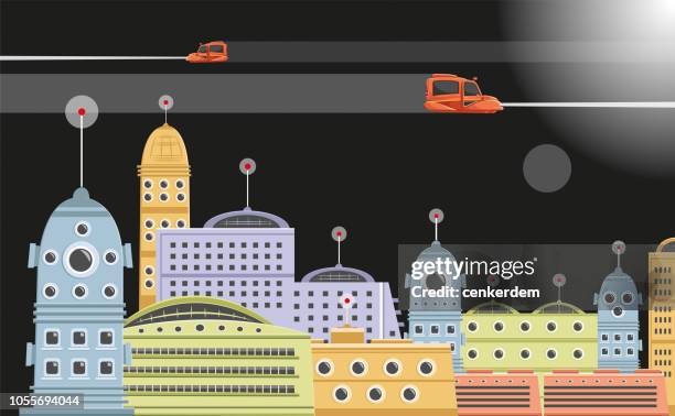 futuristic city - flying car stock illustrations