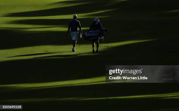 Matthias Schwab of Austria plays a practice round ahead of the Turkish Airlines Open at the Regnum Carya Golf & Spa Resort on October 31, 2018 in...