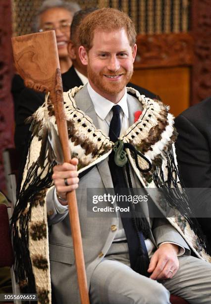 Prince Harry, Duke of Sussex visits Te Papaiouru Marae for a formal powhiri and luncheon on October 31, 2018 in Rotorua, New Zealand. The Duke and...