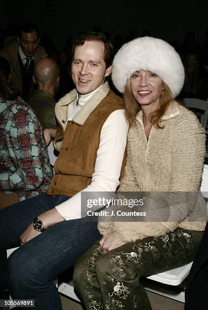 Charles Askegard and Candace Bushnell during Olympus Fashion Week Fall 2005 - Tulah - Backstage and Front Row at The Plaza in New York City, New...