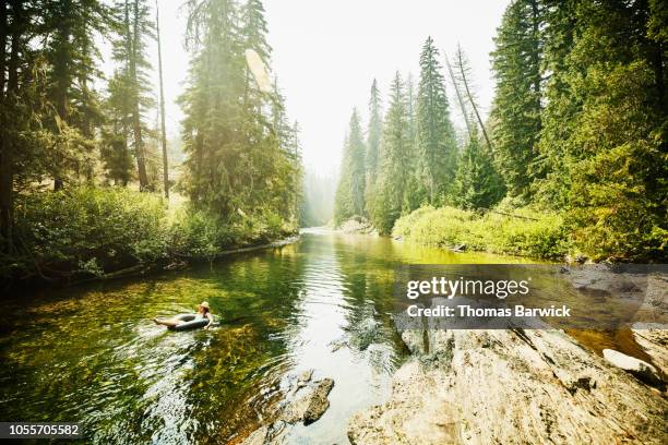 woman in hat floating down river in inner tube on summer afternoon - washington state trees stock pictures, royalty-free photos & images