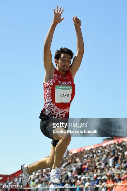 Batuhan Cakir of Turkey competes in Men's Triple Jump Stage 2 during day 10 of Buenos Aires 2018 Youth Olympic Games at Youth Olympic Park Villa...