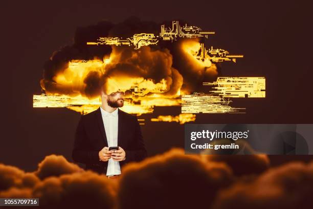 businessman brainstorming, cloud computing - exploding phone stock pictures, royalty-free photos & images