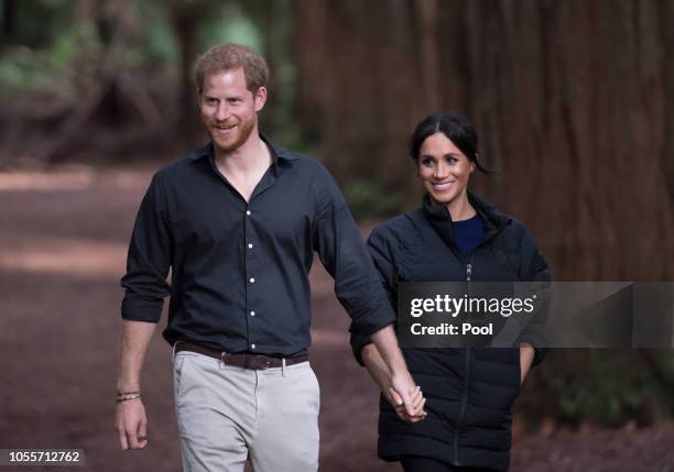 Prince Harry, Duke of Sussex and Meghan, Duchess of Sussex visit Redwoods Tree Walk on October 31, 2018 in Rotorua, New Zealand. The Duke and Duchess...