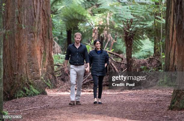 Prince Harry, Duke of Sussex and Meghan, Duchess of Sussex visit Redwoods Tree Walk on October 31, 2018 in Rotorua, New Zealand. The Duke and Duchess...