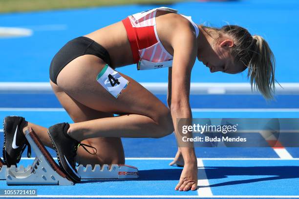 Lena Pressler of Austria gets ready to start Women's 400m Hurdles Stage 2 Heat 2during day 10 of Buenos Aires 2018 Youth Olympic Games at Youth...