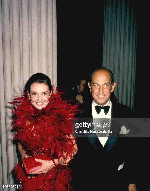 Audrey Hepburn and Oscar de la Renta during 1988 Council of Fashion Designers of America Awards at Metropolitan Museum of Art in New York City, New...