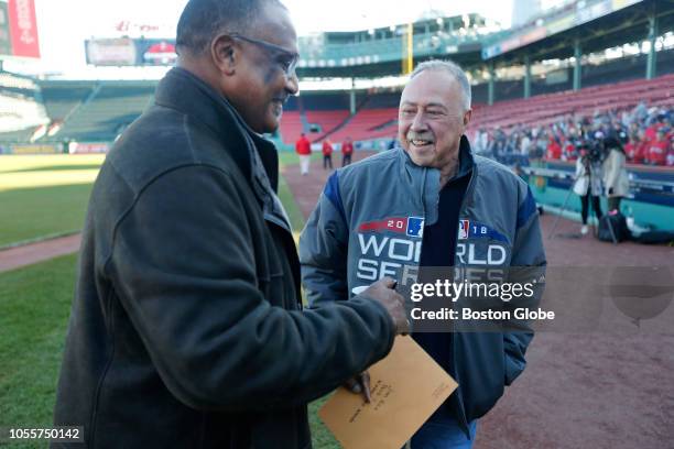 Jim Rice and Jerry Remy before the ceremony inside Fenway Park before the Duck Boat parade in Boston, MA on Oct. 31, 2018.