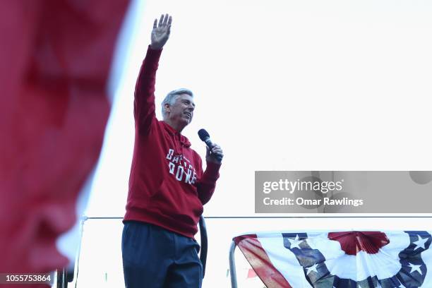 Red Sox General Manager Dave Dombrowski address fans at Fenway Park before the Boston Red Sox Victory Parade on October 31, 2018 in Boston,...